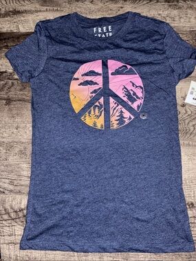 Free State Navy Tee with Pink and Yellow Sunset Peace Graphic medium